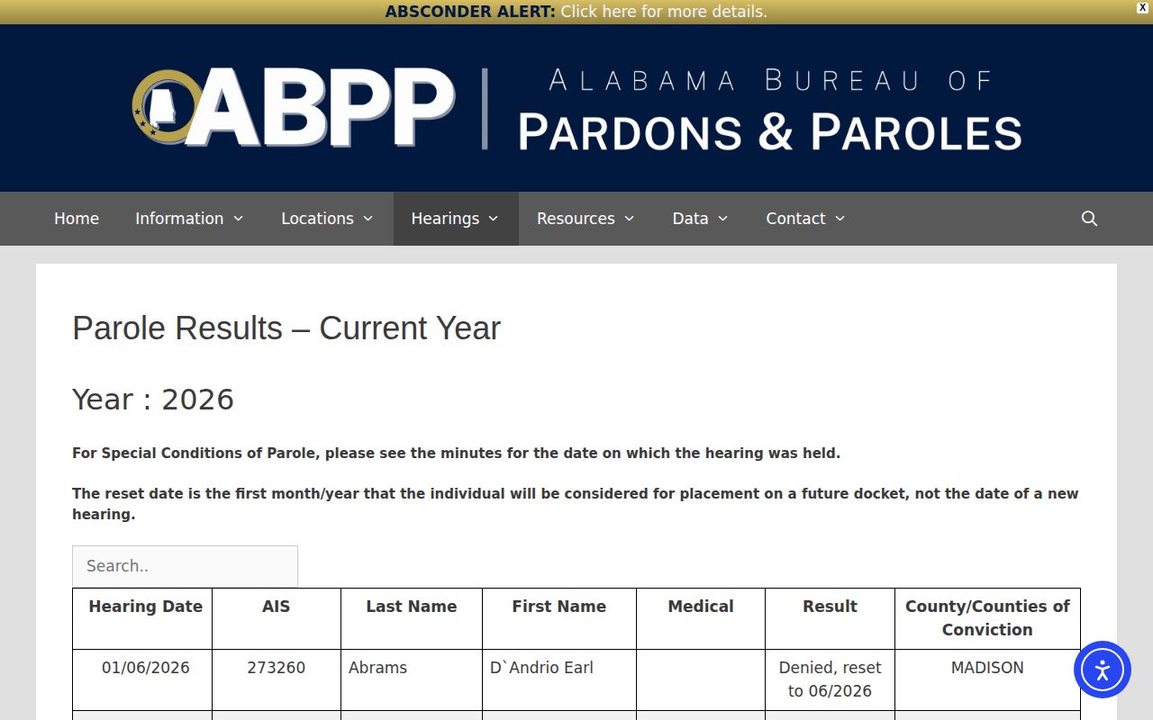 ABPP parole results current year page