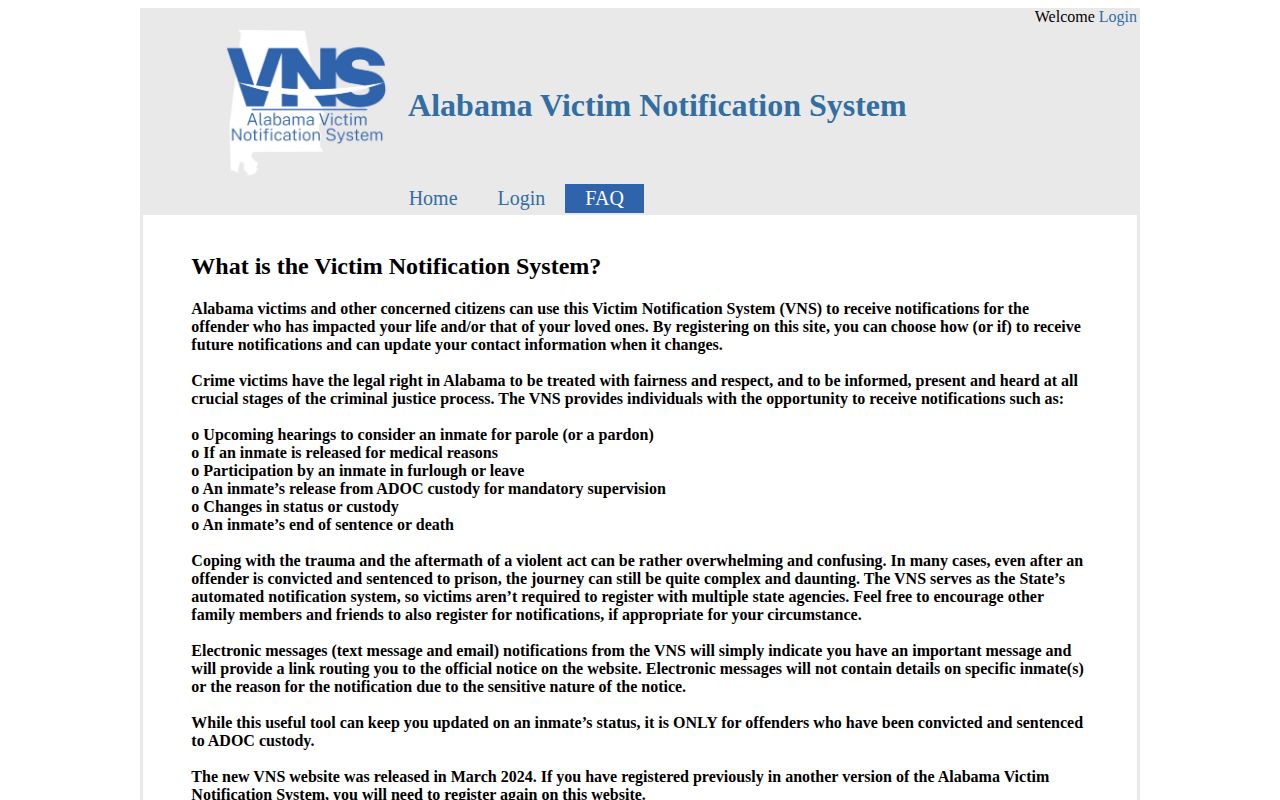 Alabama VNS information page for offender notification