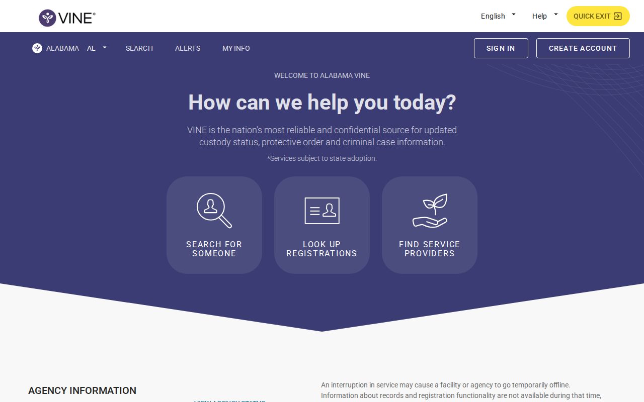 VINELink Alabama release notification entry page